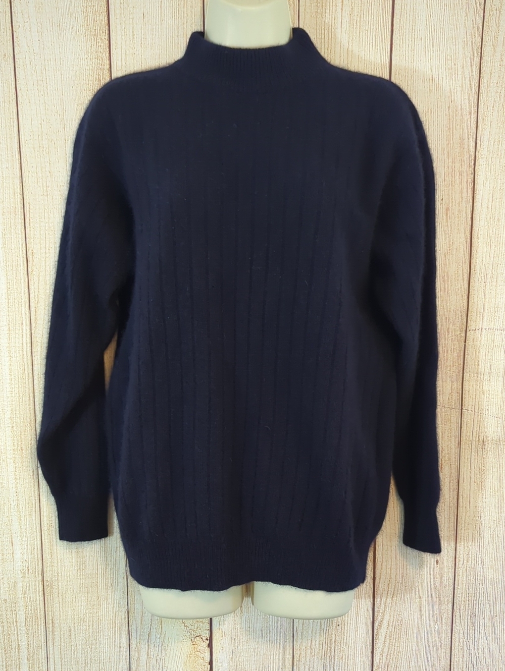 Vintage Rafaella Navy Blue Ribbed Mock Neck Angora Hair Lambs Wool Sweater